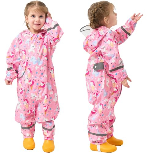 Fewlby Puddle suit Waterproof Overalls for Kids, Girls Rain Suit Pink Unicorn Muddy One-Piece Raincoat Hoodie, 1-3 Years S Size