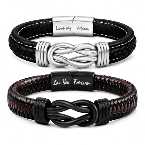 2 Pack Mens Leather Bracelets, To My Man Infinity Knot Gift, Magnetic Clasp | Gift Box with Message Card, Engraved Love Messages, 21cm Universal Fit, Black & Brown Braided, Versatile Daily Wear