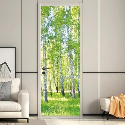 Türtapete Selbstklebend Türaufkleber Grüne Birke Türfolie Poster 95x215cm Wasserfest Wandtattoo Türsticker Foto Vinyl Tür Plakat für Schlafzimmer Toilette Verschönern Deko