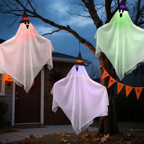 CNMTCCO Decorazione di Halloween da appendere, 3 fantasmi volanti luminosi da 80 cm, decorazione di Halloween per interni ed esterni, giardino, terrazze e balconi