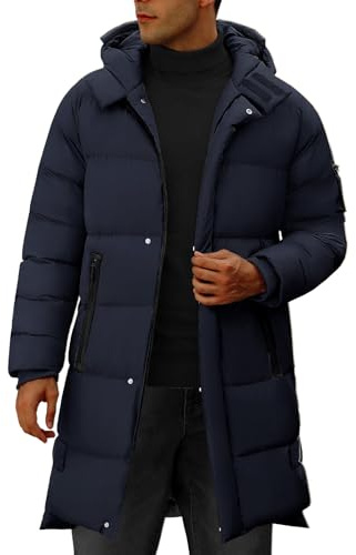 CMTOP Blouson Homme Hiver Longue Chaud Épais Manteau Casual Matelassée Manteaux avec Capuche Décontractée Zippé Parka Outdoor Coupe-Vent Veste avec Poches(Marine, XL)