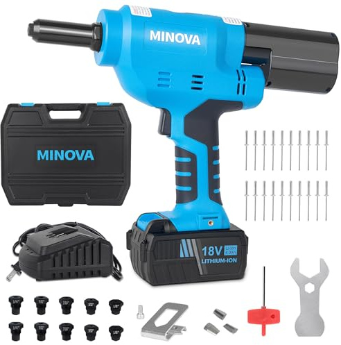 MINOVA Akku-Blindnietmuttern-Setzgerät 18V Bürstenloser Nietpistole RIVETER7 Akku-Nietwerkzeug kompatibel mit 6,4mm Edelstahlnieten (1 AKKU)