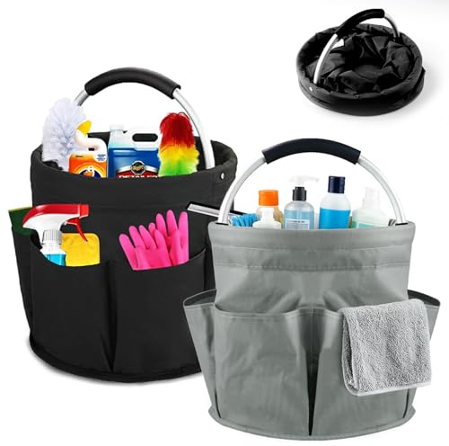 SNSYGN 2 Stück Putzmittel Organizer, Faltbarer Putztasche Tragbar Putzkorb mit Griff und 6 Tasche, Reinigungstasche für Geräte, Werkzeug, Putzutensilien (29x29x27cm)
