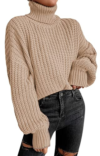 Générique Löst stickad tröja för kvinnor - ledig ståkrage tröja enfärgad tröja toppar långärmade tröjor vår höst tröja med låg ärm tröja, kaki, S