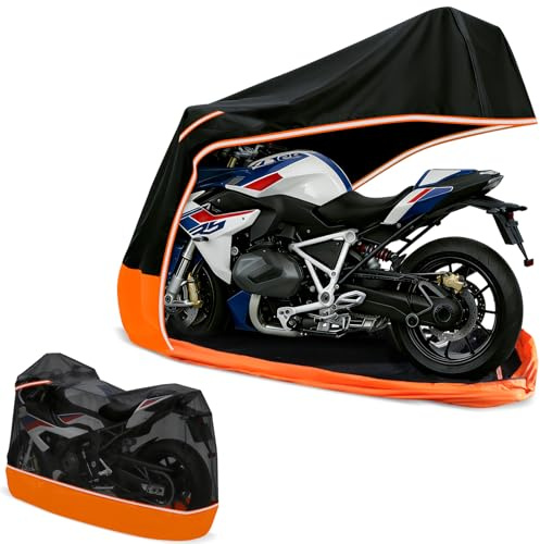 AUTOLION Full Enclosed Motorcycle Cover,Waterproof for Outdoor & Indoor Storage, 600D Heavy Duty with Reflective Strips, Fits Scooters & Touring Motorcycles up to Length 108 x 45 x 59 Black&Orange