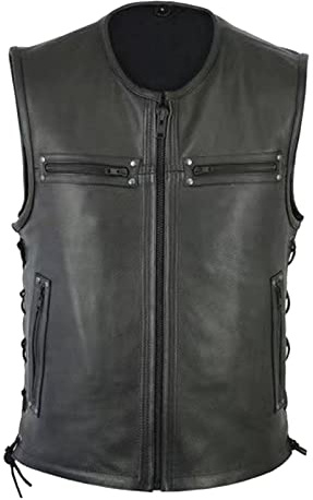 Modeewel Chaleco de cuero para hombre Iker Piel Rocker Chaleco clásico Motocicleta Chalecos de cuero Chaleco Club en negro Chaqueta de cuero sin mangas Clásico Ropa de abrigo Negro