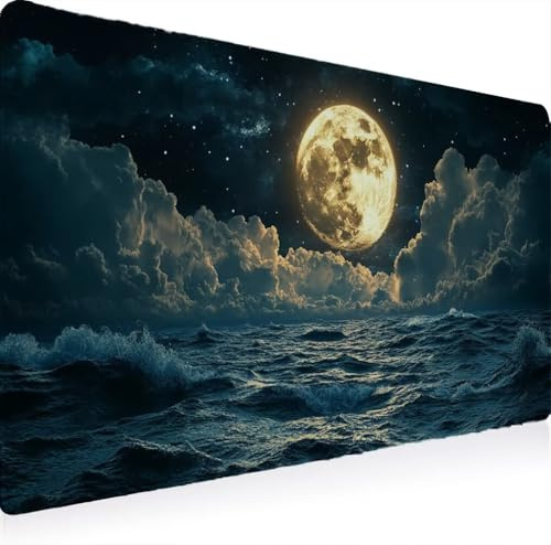 Tapis Souris XXL 700 x 300 Grand Prolongé Tapis Souris, Gamer Bureau Rubber Base Anti Dérapage, Imperméable Mouse Pad, Haute Précision et Vitesse avec Bords Cousus Lune Les Marées W0G1-1019