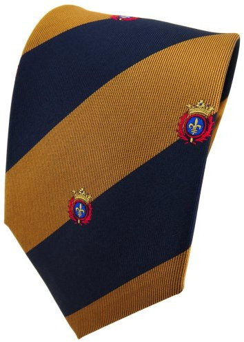 TigerTie Designer Seidenkrawatte in gold blau dunkelblau rot gestreift mit Wappenmuster