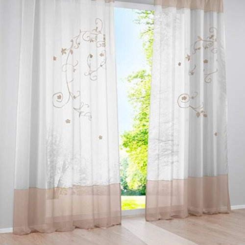SIMPVALE Vorhänge mit Blumen Muster, Schlaufenschal 2er Set, Stickerei Voile Vorhang Transparent, Stores Gardine für Wohnzimmer, Balkon Schlafzimmer, Weiß mit Khaki, Breite 140 Höhe 145 pro Stück