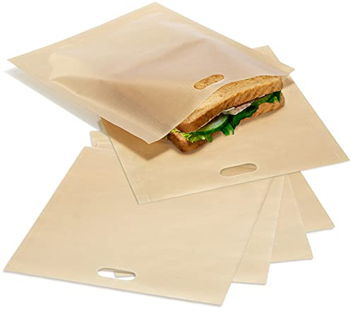 COM-FOUR® 6 sacchetti per toast, sacchetti per toast riutilizzabili antiaderenti, per toast al formaggio nel tostapane per sandwich - lavabili in lavastoviglie (6 pezzi - beige 16,5x16 cm)