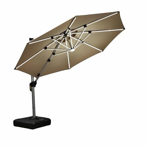 PURPLE LEAF 3.3 M Garden Cantilever Parasol with Led Solar Lights Bar, Large Round Overhanging Patio Umbrella with Crank Handle and Tilt for Balcony and Outdoor, Beige