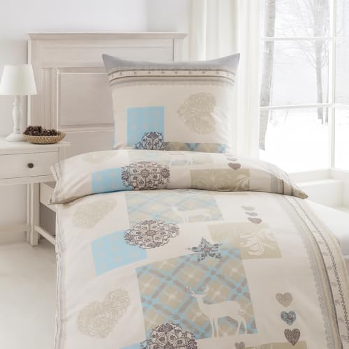 BaSaTex Biber Flanell Bettwäsche, 135x200 + 80x80 cm, Landhütte | 100% Baumwolle, Biber Flanell Qualität, Weich, Wärmend, Reißverschluss, Öko_Tex Standard