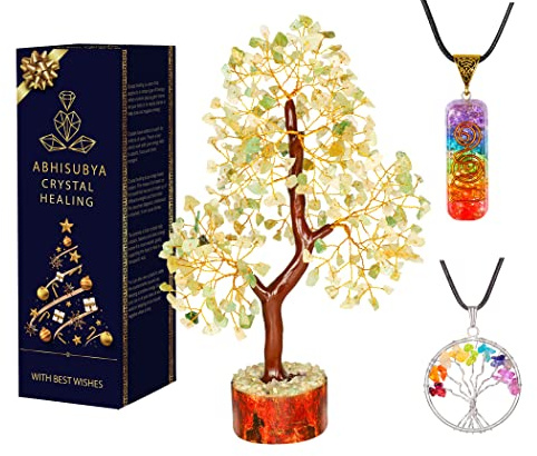 ABHISUBYA Crystal Tree - Green Jade Stone - Chakra Tree - Green Decor - Money Tree - Crystals for Healing - Chakra Stones Set - Spiritual Gifts for Women - Healing Crystal Gifts