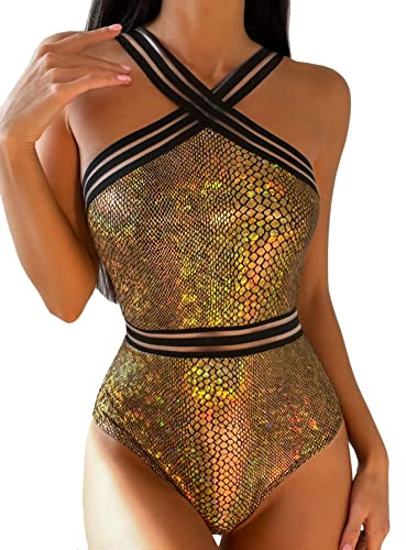 Newfancy Rave Wear One Piece Bodysuit Snakeskin Print Sexy Mentalic Halter Swimsuit for Festival Dance Rave Clothing Sheer Gold