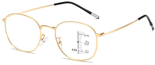 Lanomi Round Varifocal Reading Glasses Metal Thin Frame Blue Light Blocking Progressive Multifocus Computer Readers Flexible Titanium Multifocal Eyeglasses for Women Men Multifocus Gold 1.5