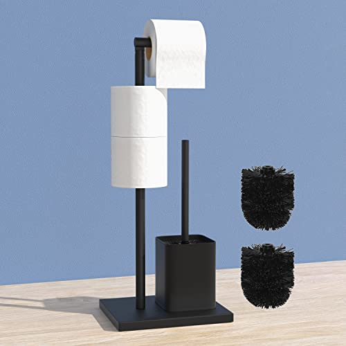 Edelstahl Klopapierhalter Stehend mit Klobürste - Toilettenpapierhalter mit WC Bürste, WC Garnitur mit Toilettenpapierhalter Stehend und Toilettenbürste, Klorollenhalter Stehend (Schwarz Matt)