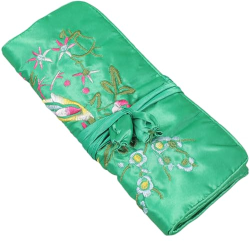 SHOWERORO Embroidered Jewelry Roll Bag Multi-Pocket Organizer Travel Pouch for Women Jewelry Storage and Cosmetic Brush Holder