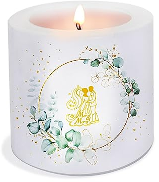 Kerze Brautpaar als Hochzeitsgeschenk oder Tischdeko. Kerze Hochzeit mit Motiv als originelle Deko mit Eukalyptus Ø8 x Höhe 7,5cm