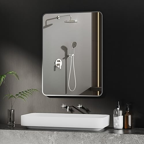 BD-Baode Spiegel Schwarz 40x60cm Dekospiegel Badspiegel ohne Beleuchtung Rechteckig Spiegel Morden Dekorative Spiegel für Badezimmer, Waschräume, Schlafzimmer(Design mit Abgerundeten Ecken)