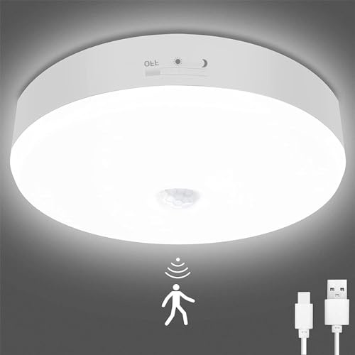 Toowell Plafonnier à batterie 10 000 mAh avec détecteur de mouvement 300 lm 5000 K avec détecteur de mouvement rechargeable par USB Lampe LED pour balcon, buanderie, cave, couloir, garage, escalier