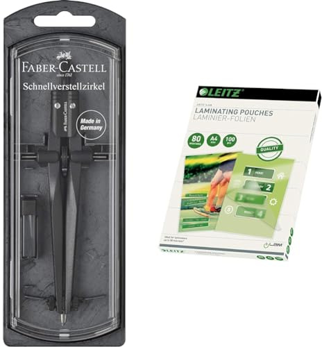 Faber-Castell 174530 - Schnellverstellzirkel Stream & Leitz Heißlaminierfolien A4 80 mic