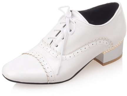 SHEMEE Chunky Heels Oxfords for Women Patent Leather Mid Low Heels Pumps Retro Wingtip Laced Brogues Shoes White,Size 10