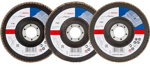Bosch 3 tlg. Fächerschleifscheiben Set X431 Standard for Metal (für Stahl, Gusseisen, Stahlblech, Abgewinkelt, Ø 125 mm, Körnung 40/60/80, Professional Zubehör Winkelschleifer)