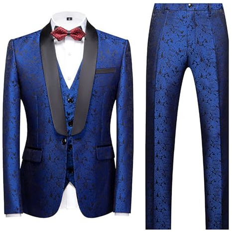 Men's Jacquard 3 Pieces Tuxedo Casual Slim Fit Suit Classic Fit Blazer Vest Pants Set (Blue,XL)