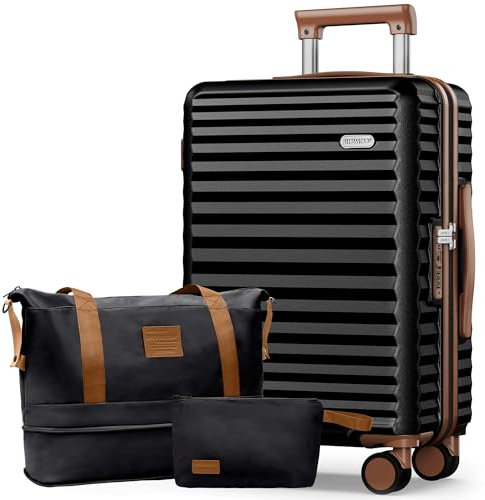 SHOWKOO Koffer Groß Leicht Hartschale 100% Polycarbonate Erweiterbar Reisekoffer Große Kapazität Hartschalenkoffer Set Trolley Handgepäck Enthält 1 Reisetasche und 1 Kulturbeutel, XL-Elegante Schwarz