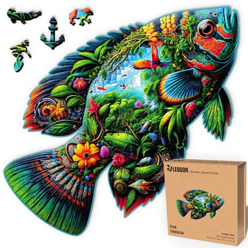 LEOGOR Holzpuzzle 350 Teile für Erwachsene 53.8x32.3 cm Fish Fantasia Bunter Tropen Fisch Kunst Tier Motiv aus 5mm Holz Einzigartige Handgezeichnete Teile Achtsamkeits Geschenk Spiel
