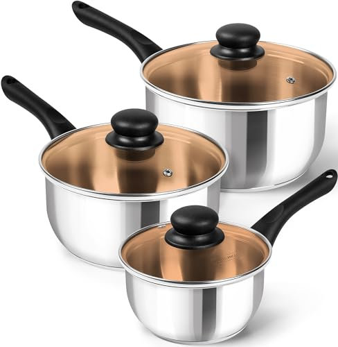 MICHELANGELO Juego de cacerolas de acero inoxidable con tapa de 1 cuarto y 2 cuartos y 3 cuartos de galón, juego de ollas de acero inoxidable de base triple, juego de ollas para salsa con mango de