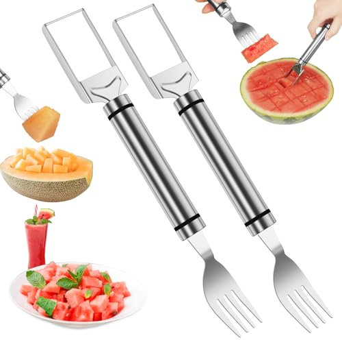 OSDUE Cortador de SandíA 2 en 1 de Acero Inoxidable,Con Mango Antideslizante Cortador de MelóN Multifuncional,Tenedor de Corte de Frutas Para MelóN,Papay,Papaya,Ensalada de Fruta,2 Unidades