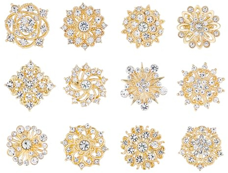 MEEDOZ Lot 12Pcs Assorted Crystal Rhinestone Flower Brooch Pins Set for Crafts Embellishment, Wedding Bouquet Brooches for Women Fashion (Gold Tone)