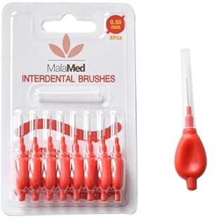 MalaMed Pack of 8 Interdental Brushes Red 0.5mm, Dental Brush for Cleaning Between Teeth, Clean Narrow Gaps for Oral Hygiene, Floss for Plaque Removal