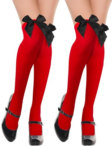 Kiiwah 2 Paires Chaussettes Haute Femme avec Nœud, Bas Autofixant Sexy, Chaussette Montante pour Fête, Vêtements Sexy, Cosplay, Carnaval, Festivals (Rouge)