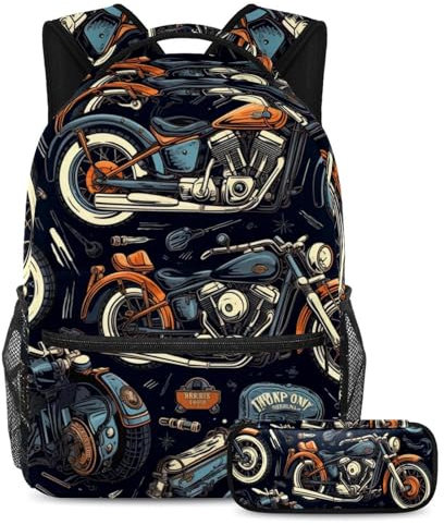Schultaschen-Set, Vintage-Motorrad, großes Fassungsvermögen, Rucksack mit Federmäppchen, perfekt für Studenten, Jugendliche und Reisen, 2-teilig, Vintage-Motorrad, Größe L