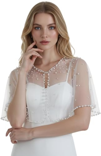 LOVFOIVER Shawls and Wraps for Evening Dress Pearl Bride Wedding Cape Scarves Bolero Cover Up for Women(Off-white)