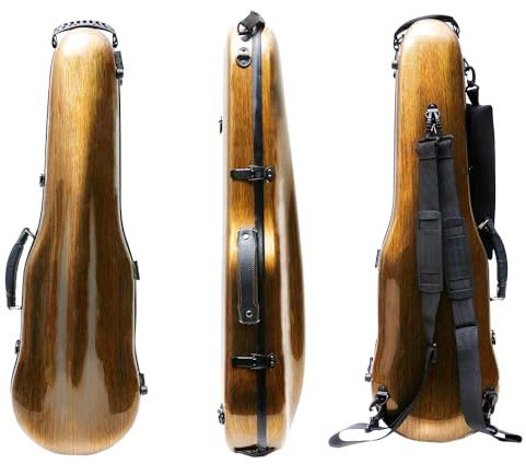 yinfente Estuche para violín de fibra de carbono 4/4, tamaño completo, carcasa rígida, triángulo, correa trasera, bolsa de almacenamiento externa, higrómetro, dos soportes para arcos (marrón)