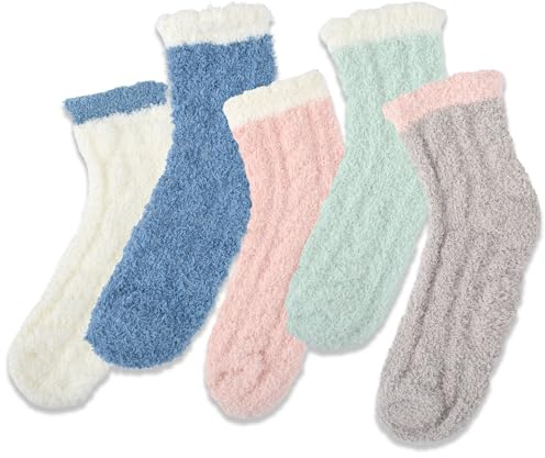 MUNSKT 5 Paires de Chaussettes Pelucheuses, Chaussettes de lit Épaisses et Douces, Chaussettes Chaudes en Polaire Antidérapantes, Chaussettes de Sommeil en Velours Corail pour les Femmes et les Filles