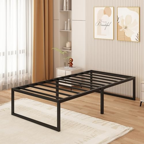 Yicensen Metallbett 90x200 cm - 46 cm Hoch, Großer Stauraum unter dem Bett, Einzelbettgestell aus Metall mit Stahllattenstütze, Einfache Montage, Geräuschlos, Kein Boxspringbett, Schwarz