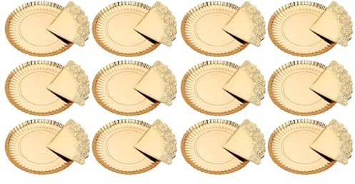 Acan Tradineur - Pack de 12 bandejas Redondas de cartón con blonda, Fuente reciclable para Pasteles con Encaje de Papel, decoración de Fiestas, presentación de postres (Dorado - Ø 30 cm)