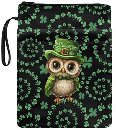 Buchhülle, waschbar, Buchschoner mit Reißverschluss und Vordertasche, 29 x 21,3 cm, für Bücherwurm-Bibliothekar für St. Patrick's Day, Eule, Kleeblatt