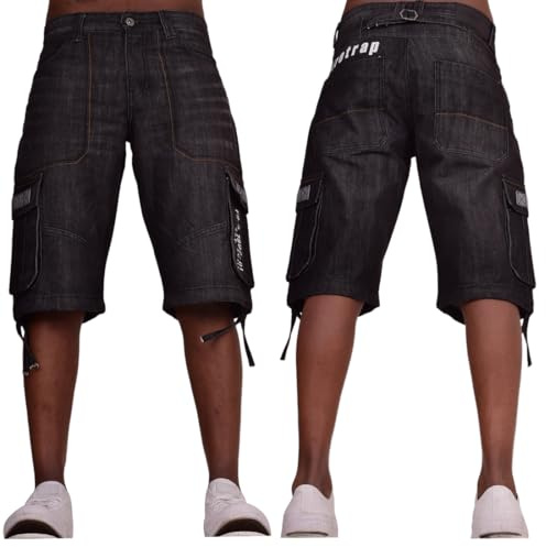Firetrap Mens Knee Length Cargo Shorts Denim Jean Cargo Short Cotton Summer Casual Capri Cropped Trousers with Multi Pockets Black Blue Light Blue Black Wash 34