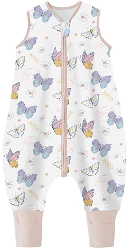 Teechodina Babysovsäck med fötter 100 % ren bomull 1,5 tog barn året runt sovsäck med ben småbarn pyjamas för pojkar och flickor, 1,5 tog/fjäril, 70 cm/baby höjd 80–90 cm