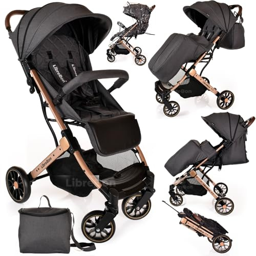 Lightweight Stroller, Baby Pushchair, Compact Travel Buggy, One Hand Foldable, Upgraded Wheels, Four Seasons Stroller, Foot Cover, Mommy Bag, Rain Cover (Grey - Rose Gold Frame)