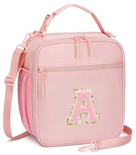 CLOUDWINGS Initial Insulated Lunch Bag for Girls Kids, Back to School Gift, Reusable Leak-proof Lunch Box with Adjustable Strap for School Daycare Travel Picnic (Pink,A)