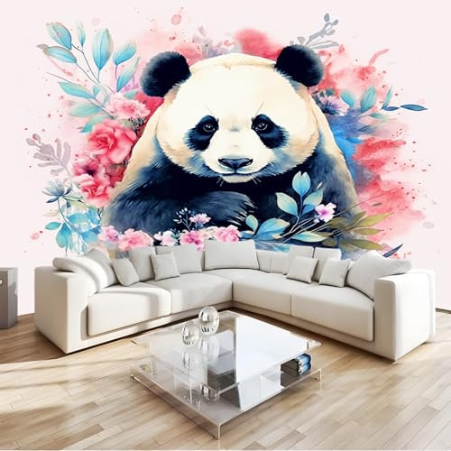 Carta da parati Panda, fiori ad acquerello Adesivi Murali 200 x 140 cm Camera da Letto Soggiorno Cucina Bagno Decorazione Murale Blu Rosa