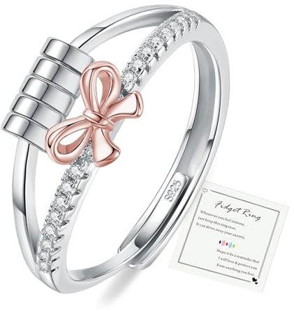 HEEYA Anxiety Ring für Damen Silber 925 Schleifen Angstring mit 5A Zirkonia Verstellbar Anti Stress Ring mit Perlen Spinner Fidget Ringe Frauen Rose Gold Hypoallergen Stimmungsring gegen Stress
