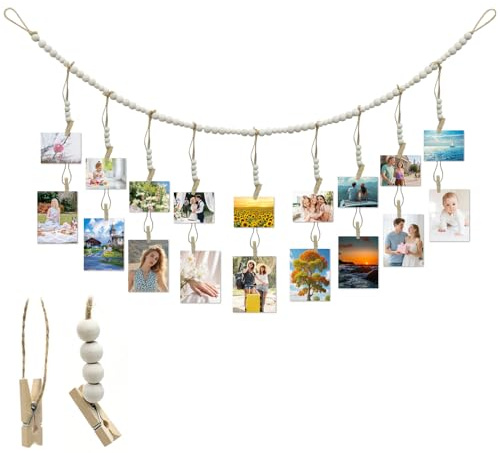lyualma Portafotos con Clip para Colgar Obras de Arte Rodajas De Madera con 18 Clips Marcos de Fotos Colgantes para Colgador Fotos Pared Collage
