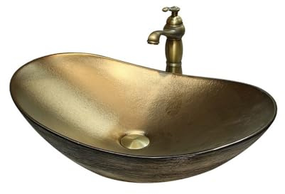 Linmeas-753 Lavabi da appoggio per Il Bagno Lavabo da appoggio in Ceramica for Bagno, Grande, in Stile aerodinamico, 59 x 38 cm, Color Oro